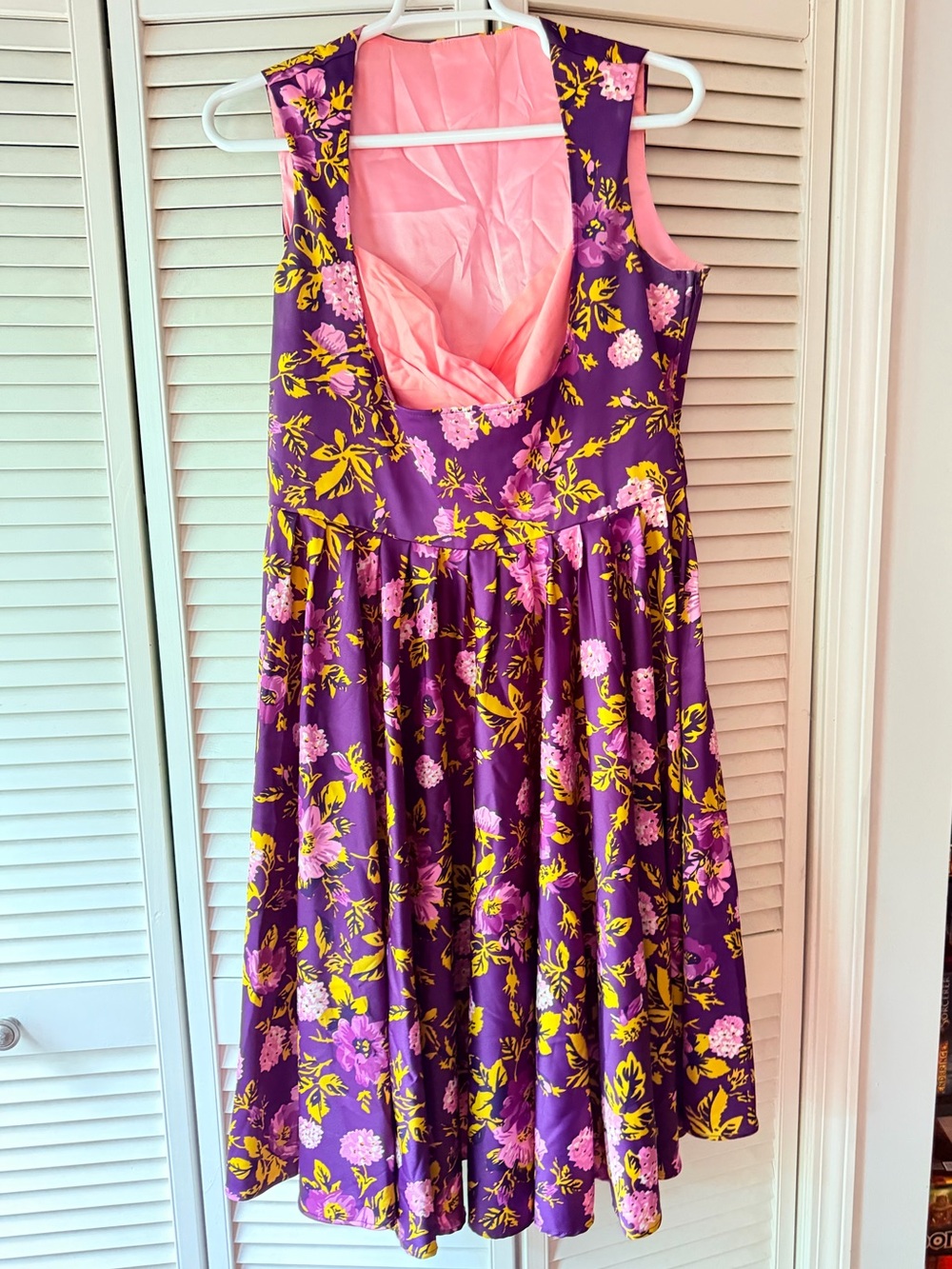 Laura Byrnes Purple Floral Fit-and-Flare Dress with Pink Lining